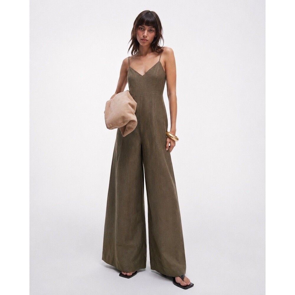 Express XS Olive Khaki Linen Wide Leg Jumpsuit Pockets Zip Back Cami Straps